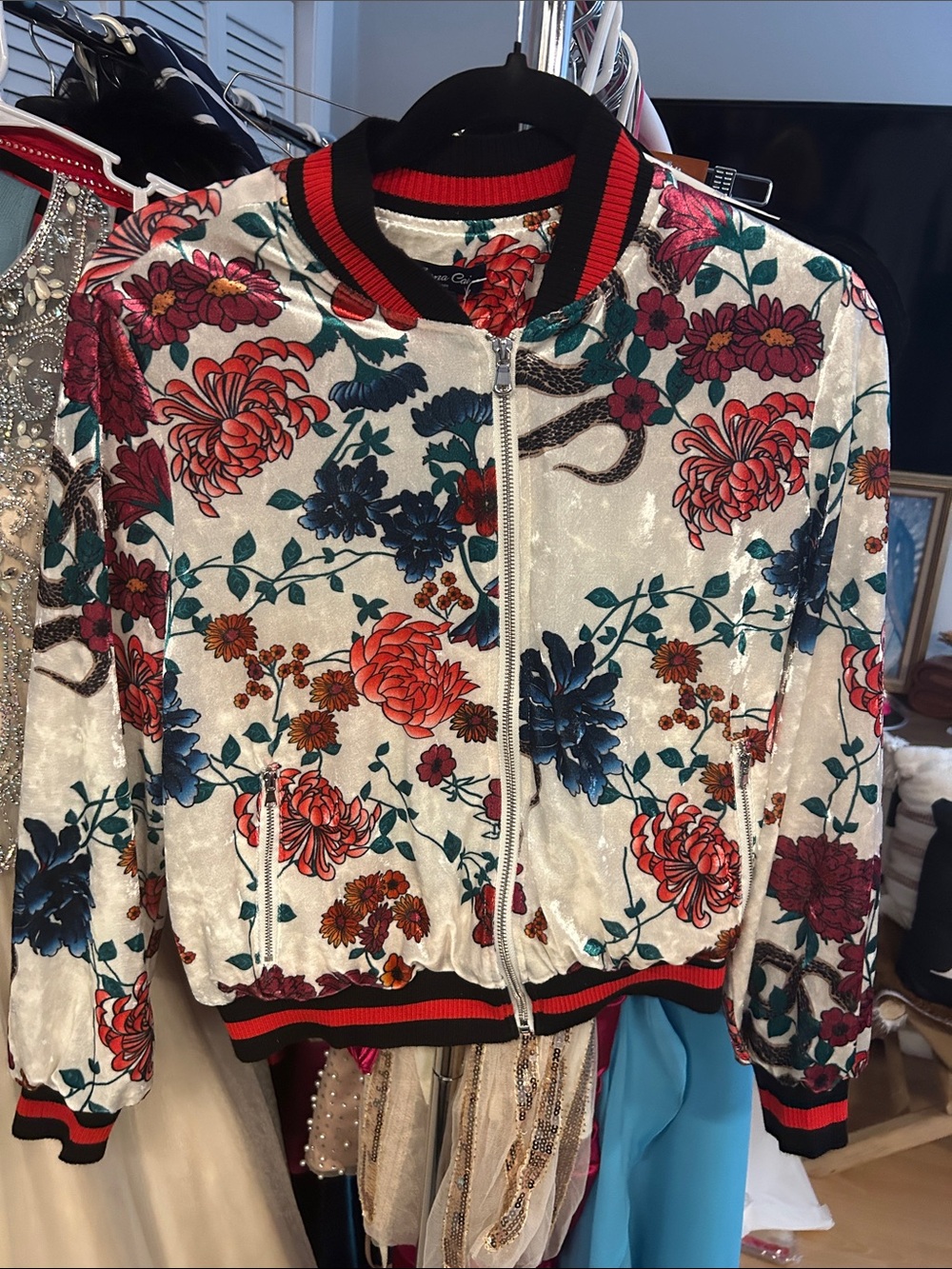 Floral Satin Bomber Jacket - Cream / Multi